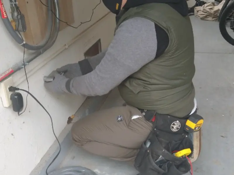 Electrician performing outlet wiring in a Detroit Lakes garage